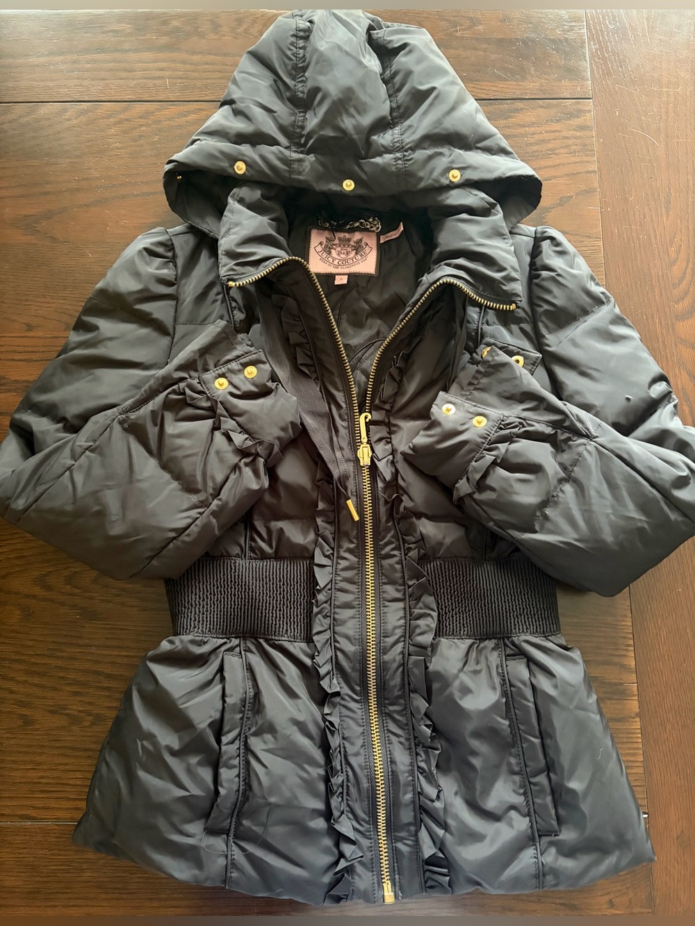 Juicy Couture Puffer Winter Black Hooded Full Zipper Jacket Size Small